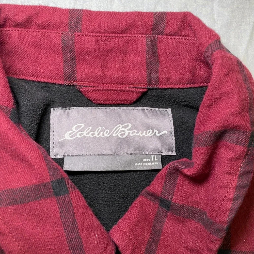 Eddie Bauer Shirt Jacket Mens TL Red Plaid‎ Flannel Fleece Lined Zip